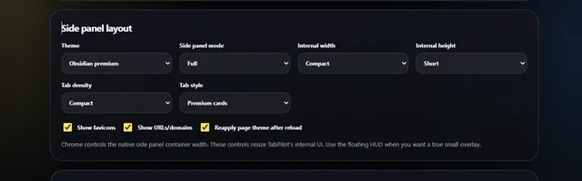 Side panel layout settings with theme, panel mode, internal size, tab density and tab style dropdowns