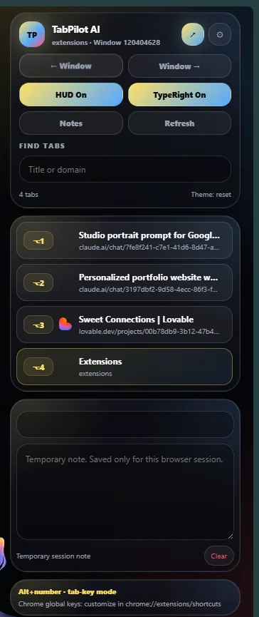 TabPilot AI extension popup listing open tabs with numbered Alt shortcuts, a search field and HUD toggles
