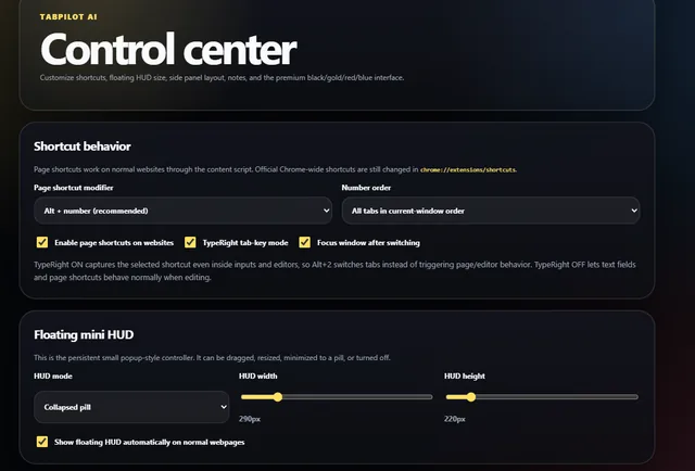 TabPilot AI Control Center page with shortcut behaviour options and floating mini HUD size sliders