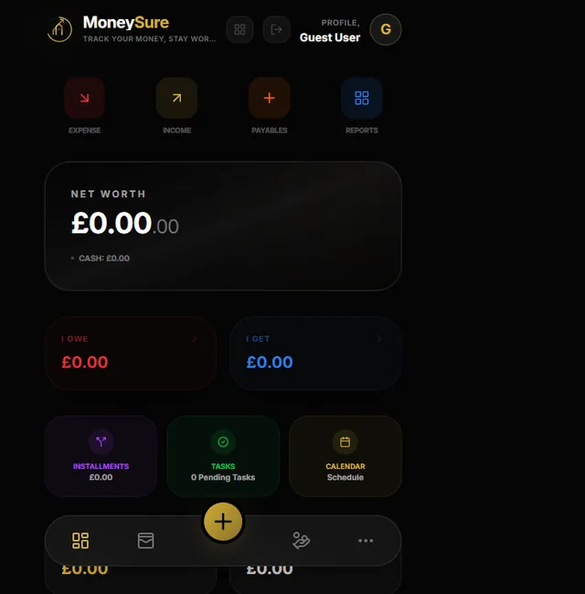 MoneyShow finance app dashboard on a dark theme showing net worth, owed and receivable balances, installments, tasks and calendar tiles